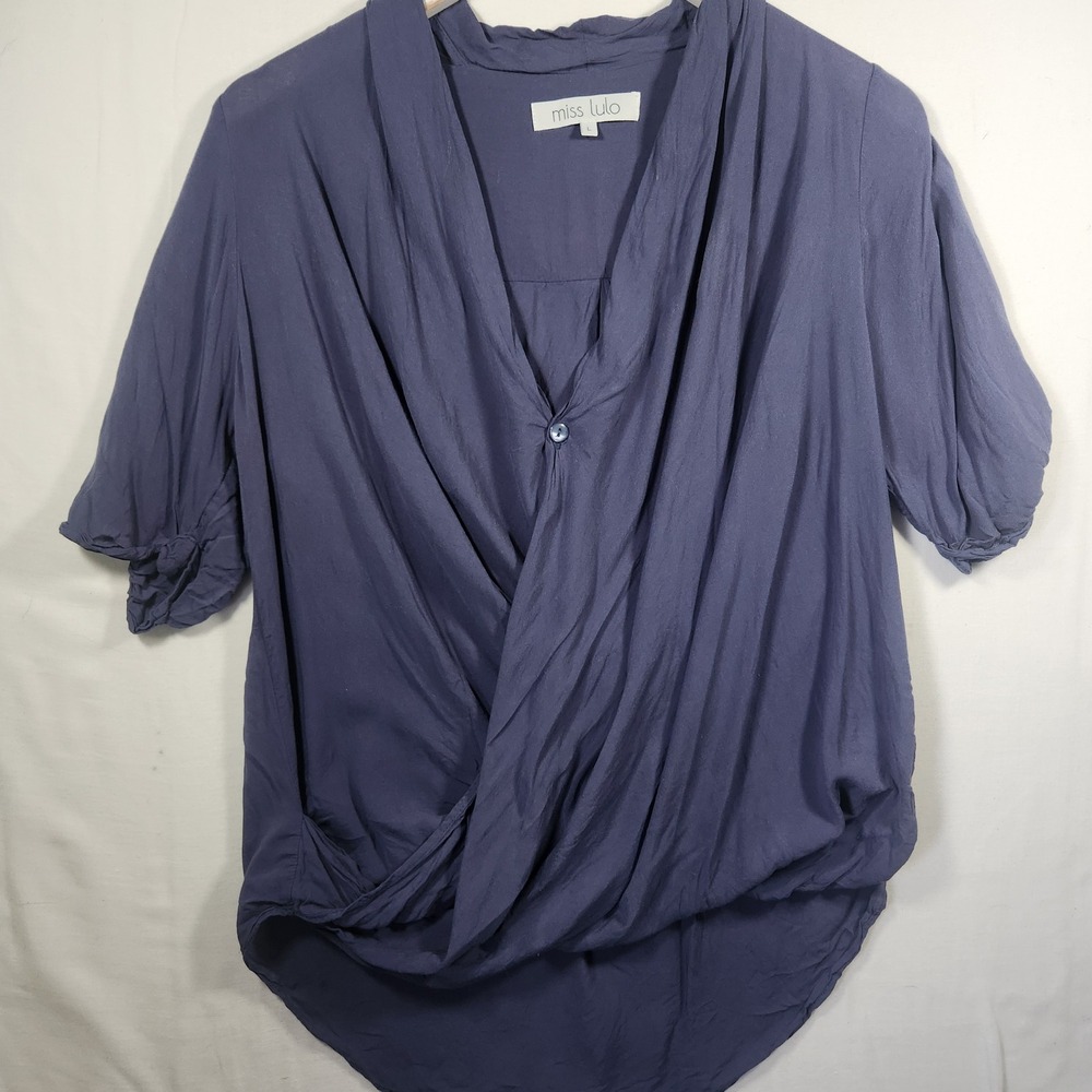 Miss‎ Lulo Womens Wrap Front Surplice Blouse Blue Purple V-Neck Short Sleeve L